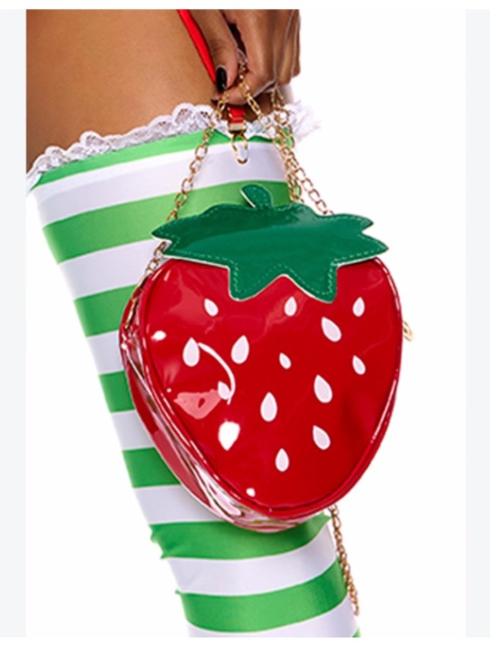 Novelty Strawberry Crossbody Bag with Gold Chain - Red and Green